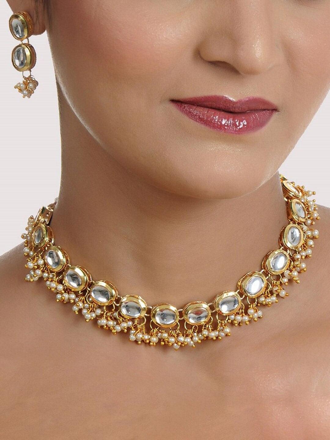White 18k Gold-Plated Kundan-Studded & Beaded Jewellery Set - Libasaa