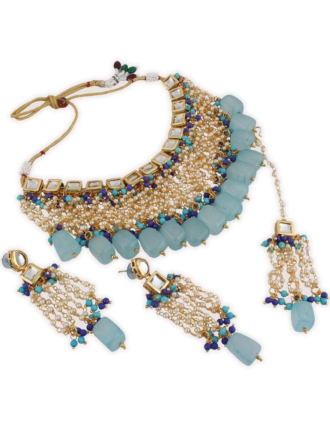 Blue Gold-Plated Ferozi Kundan Studded Jewellery Set - Libasaa