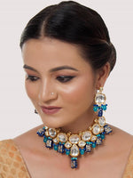 Blue 18k Gold-Plated Kundan-Studded & Beaded Meenakari Jewellery Set - Libasaa
