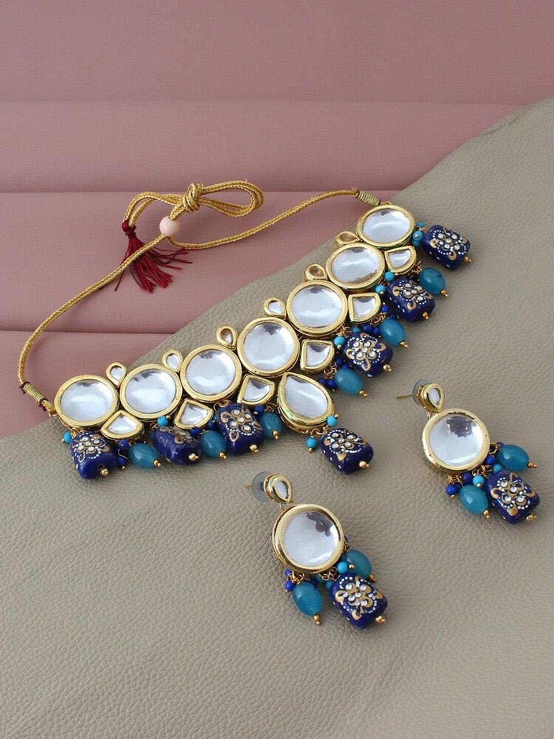 Blue 18k Gold-Plated Kundan-Studded & Beaded Meenakari Jewellery Set - Libasaa