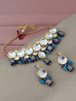 Blue 18k Gold-Plated Kundan-Studded & Beaded Meenakari Jewellery Set - Libasaa