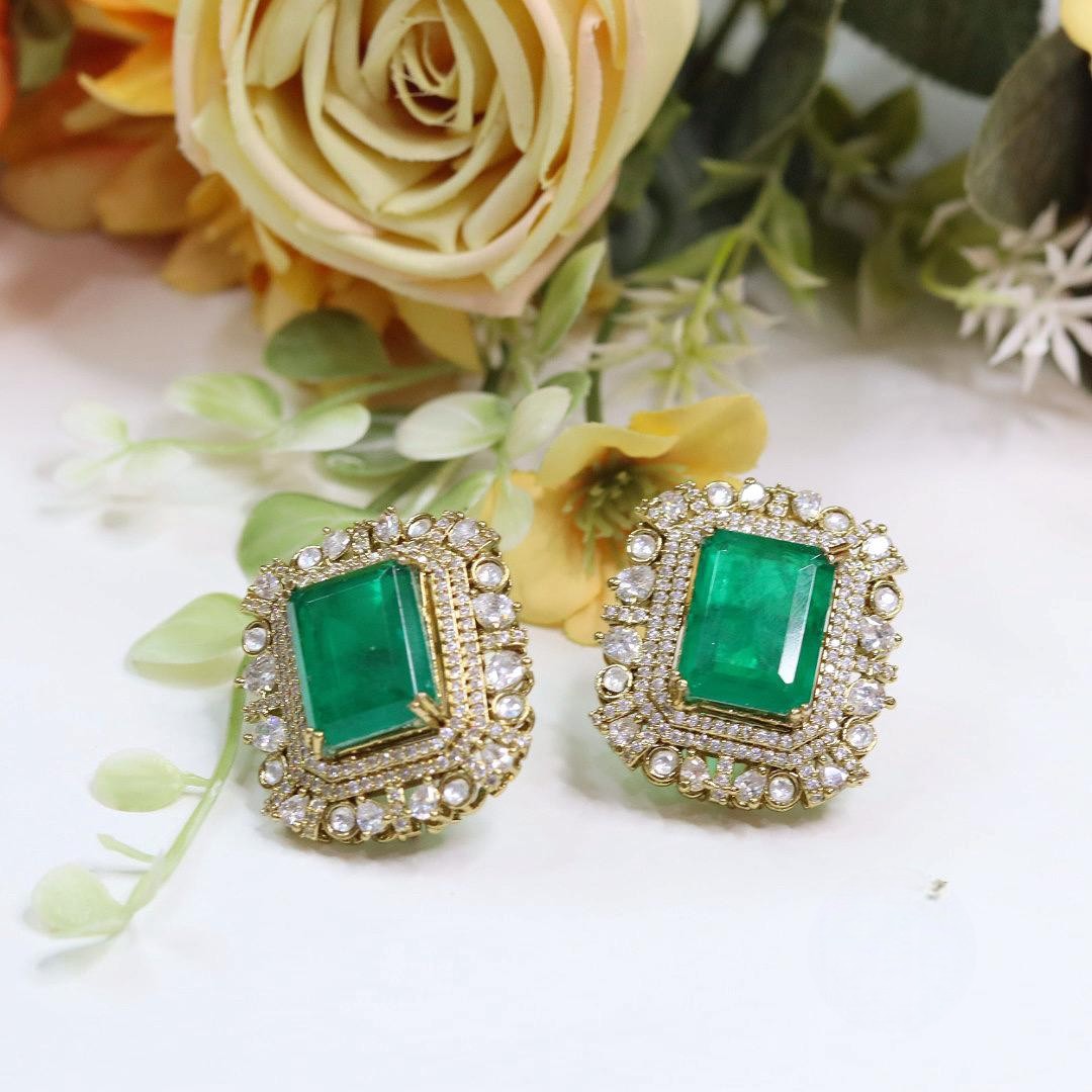 Stone Stud Earrings | Kundan Polki Style Earrings Set | Square Statement Jewellery | Premium Indian Jewellery for Women