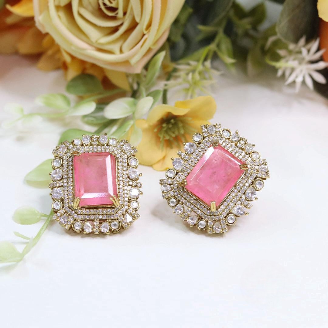 Stone Stud Earrings | Kundan Polki Style Earrings Set | Square Statement Jewellery | Premium Indian Jewellery for Women