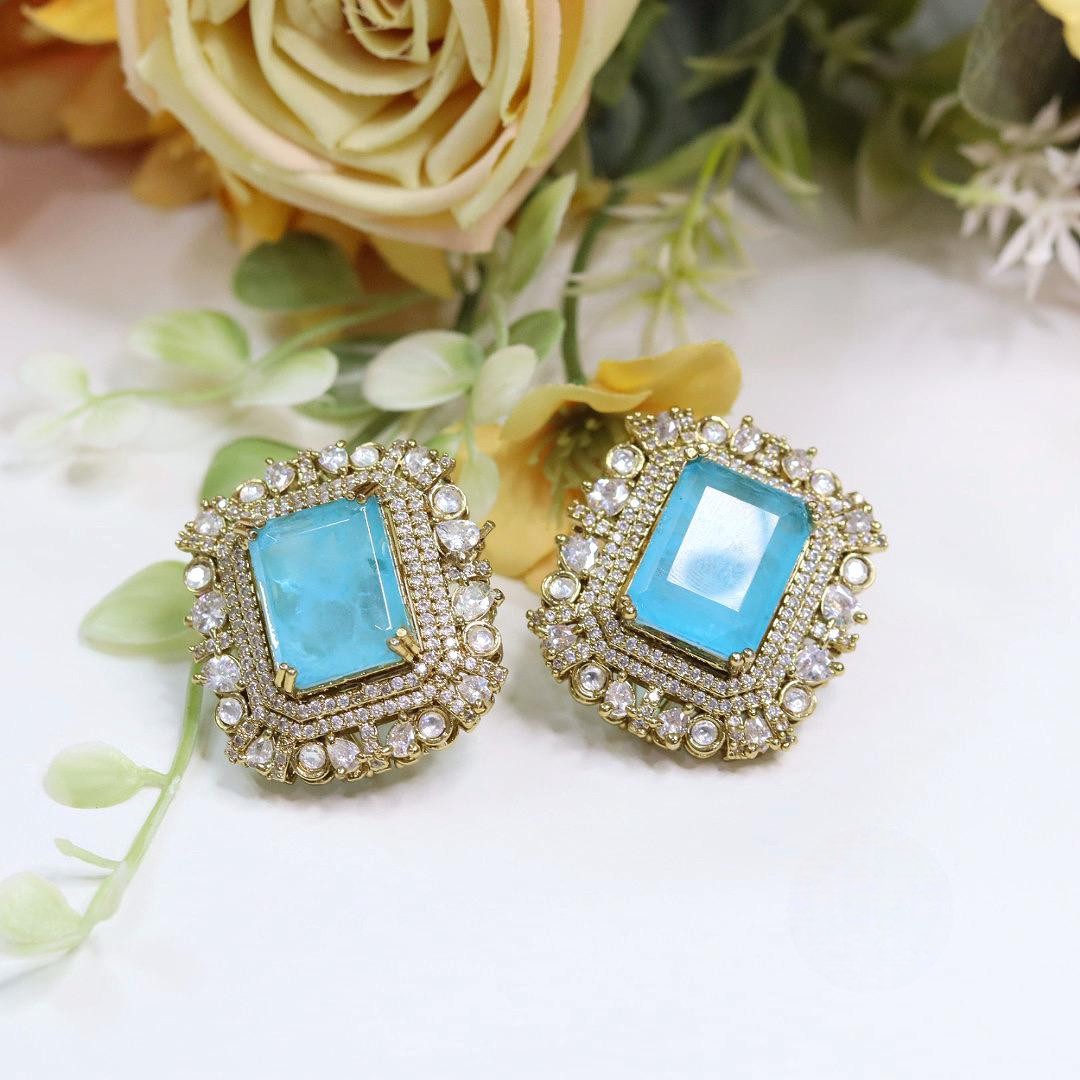 Stone Stud Earrings | Kundan Polki Style Earrings Set | Square Statement Jewellery | Premium Indian Jewellery for Women