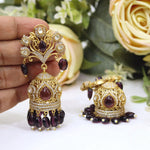 Antique Gold-Plated Jhumka Earrings with Royal Blue Stones and Filigree Peacock Studs
