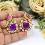 Gold Plated Amethyst Purple Parrot Drop Earrings | Indian Jewellery Crystal Bridal Indian Earring Set