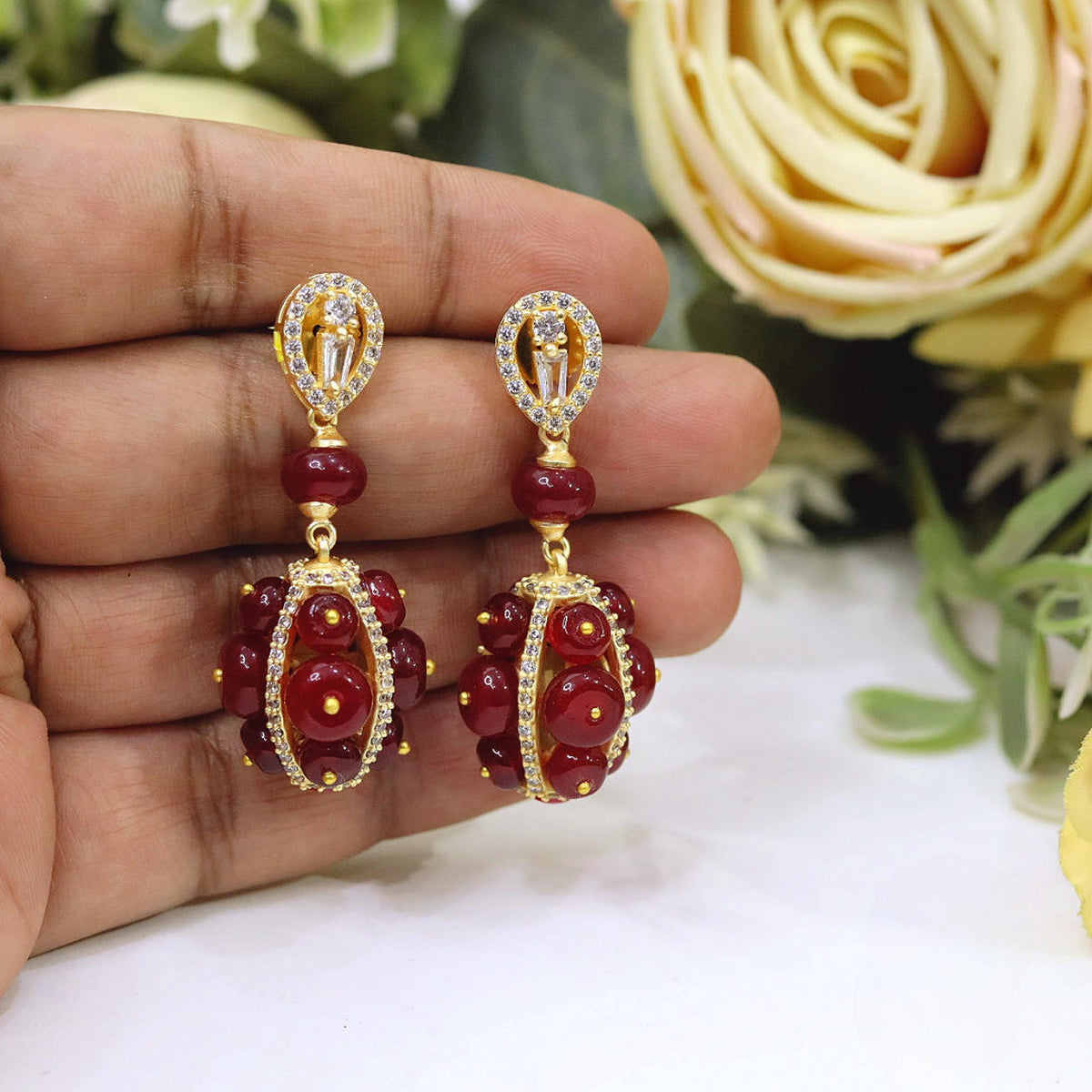Green Onyx Beaded Drop Earrings in Gold Finish with Sparkling Stone Accents | Indian Jewellery Earring Set