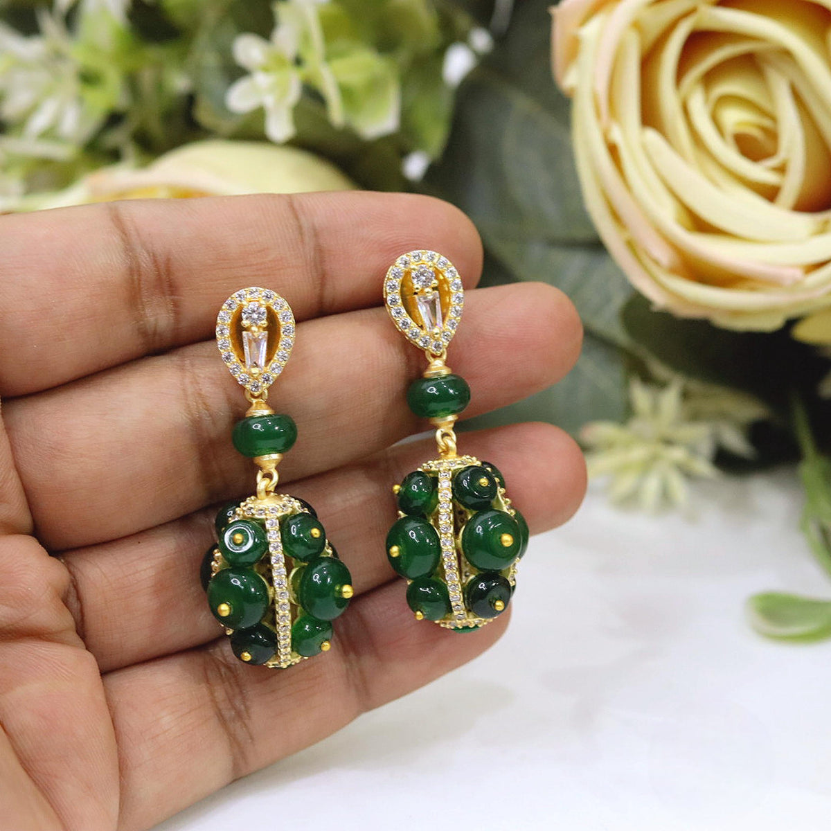 Green Onyx Beaded Drop Earrings in Gold Finish with Sparkling Stone Accents | Indian Jewellery Earring Set