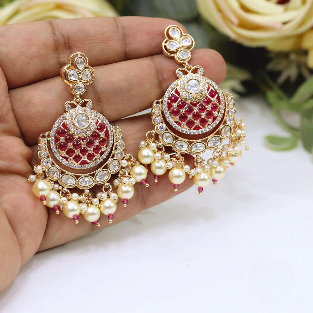 Pink Kundan Chandbali Earrings with Pearl Drops in Gold Finish | Stone Indian Jewellery Earring Set