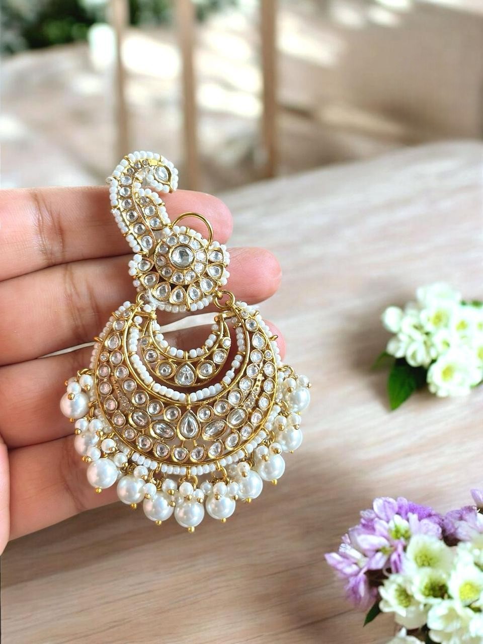 Celebrity Inspired Kundan Pearl Chandbali Earrings | Bollywood Style Bridal Indian Jewelry
