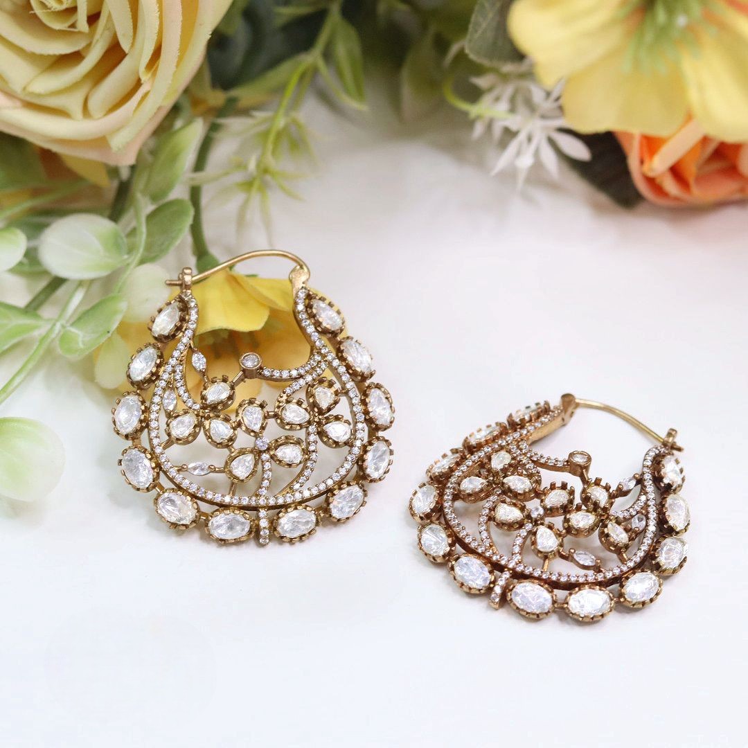 Polki Hoop Earrings Jewellery Set | Kundan Polki Stones Earring Set | Premium Indian Jewellery for Women