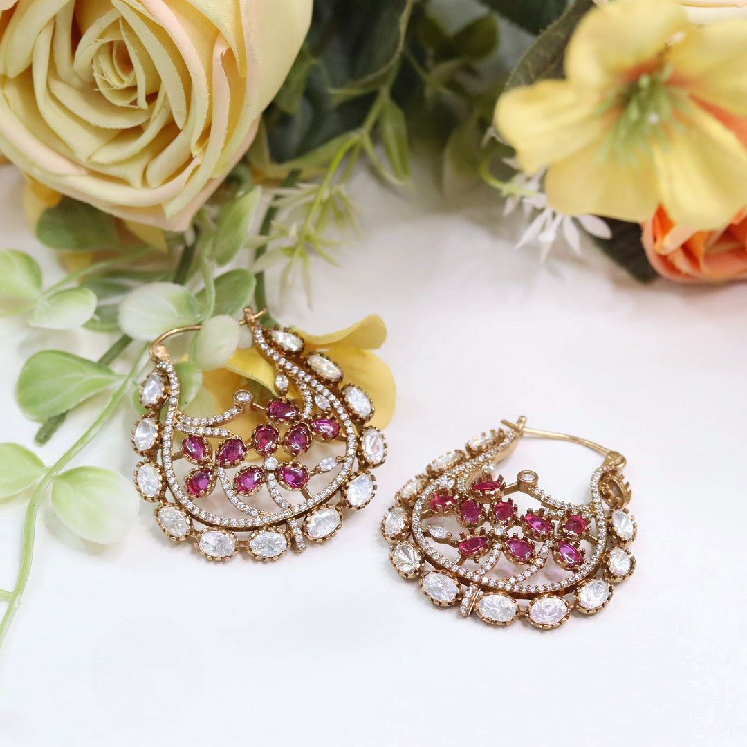 Polki Hoop Earrings Jewellery Set | Kundan Polki Stones Earring Set | Premium Indian Jewellery for Women