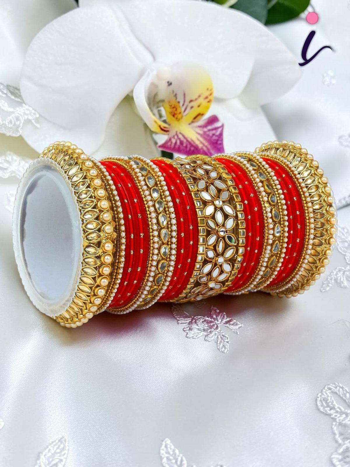 Red Bangle Set with Flower Mirror Kada & Pacheli Bangles | Traditional Bridal Wedding Bangle Collection for Women