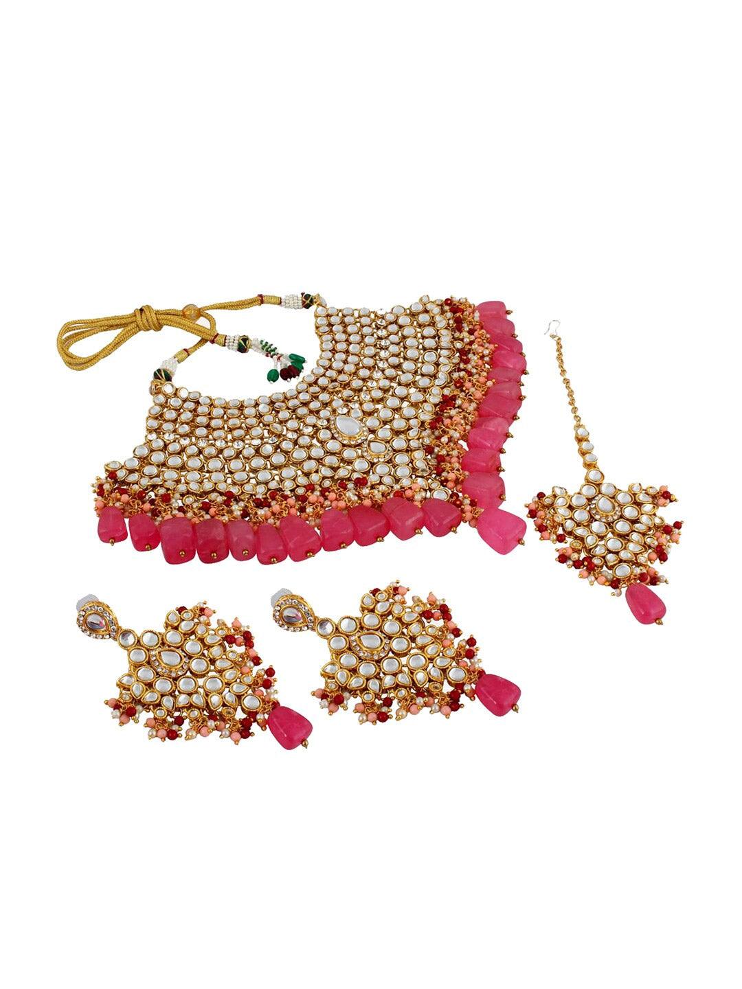 Pink 18k Gold-Plated Kundan Studded & Beaded Jewellery Set - Libasaa