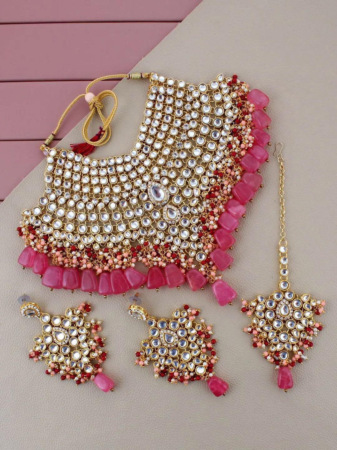 Pink 18k Gold-Plated Kundan Studded & Beaded Jewellery Set - Libasaa