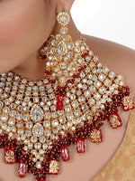 Maroon Gold-Plated Kundan Studded & Beaded Choker Bridal Jewellery Set - Libasaa