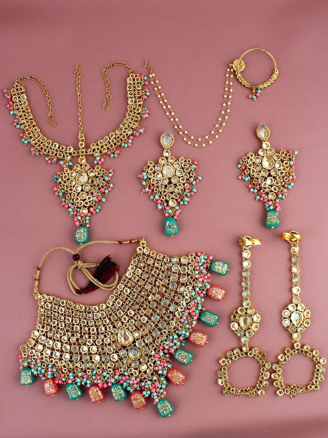 Multi 18K Gold-Plated Kundan-Studded & Beaded Bridal Jewellery Set - Libasaa