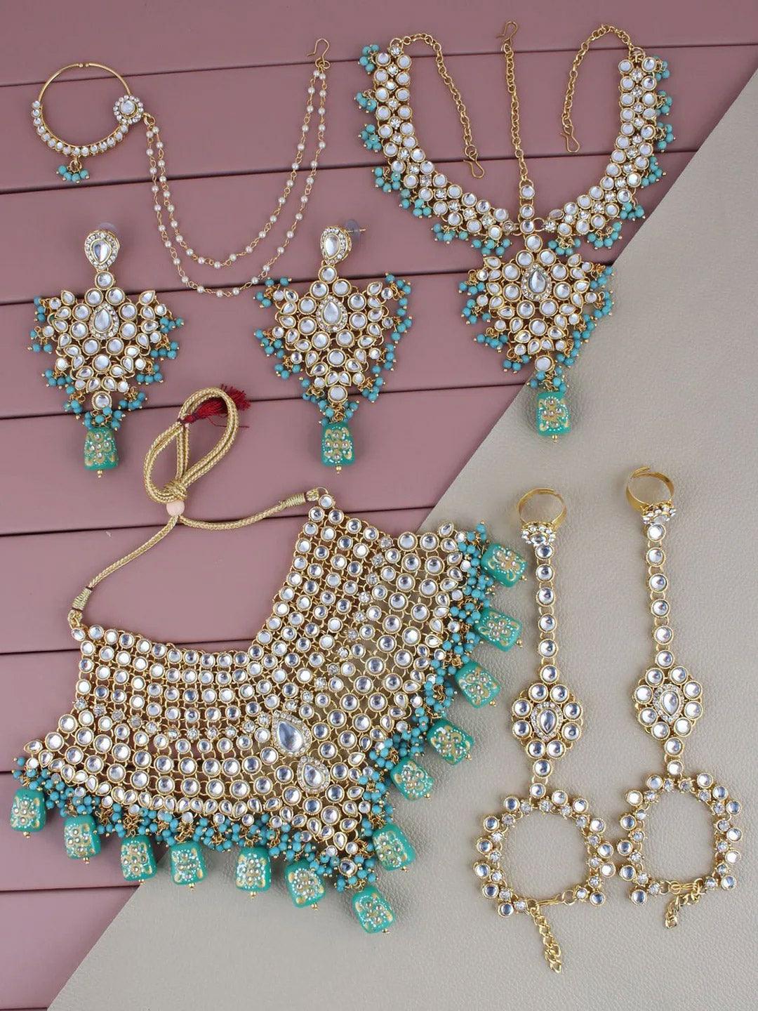 Blue Gold-Plated Kundan Studded & Beaded Choker Bridal Jewellery Set - Libasaa