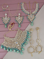 Blue Gold-Plated Kundan Studded & Beaded Choker Bridal Jewellery Set - Libasaa