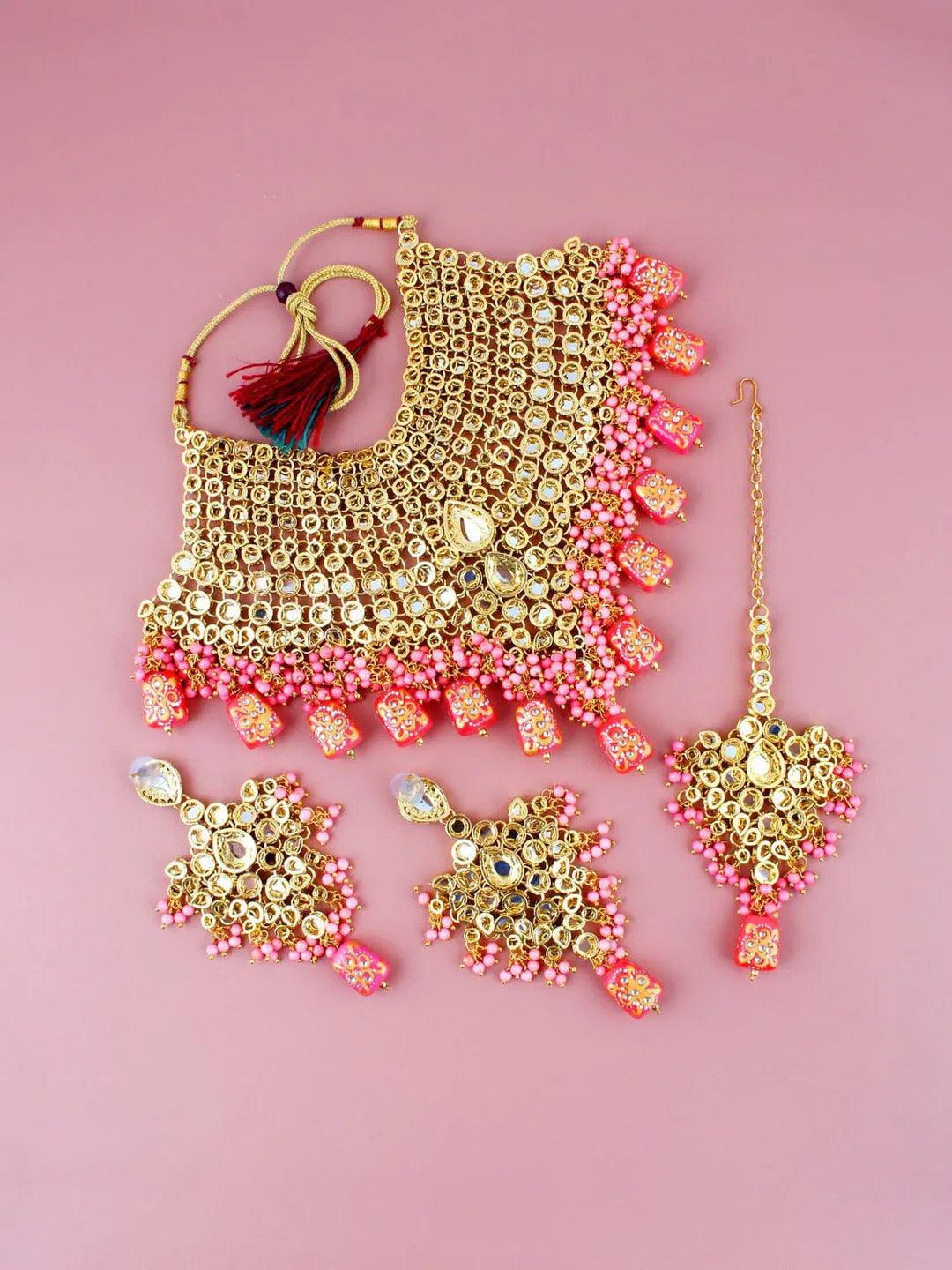 Pink Gold-Plated Crystal Stone Studded Bridal Jewellery Set - Libasaa