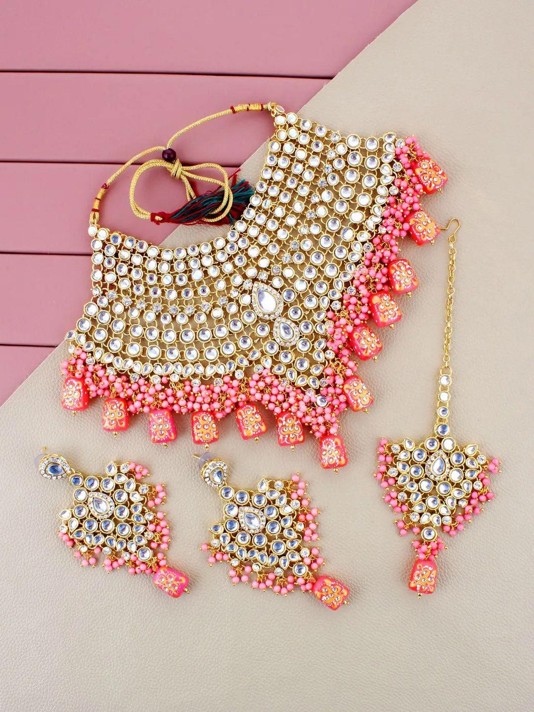 Pink Gold-Plated Crystal Stone Studded Bridal Jewellery Set - Libasaa