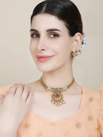 Women's Gold Plated Traditional Filgaree Stone And Pearl Brass Necklace With Earring - Libasaa
