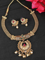 Women's Gold Plated Traditional Filgaree Stone And Pearl Brass Necklace With Earring - Libasaa