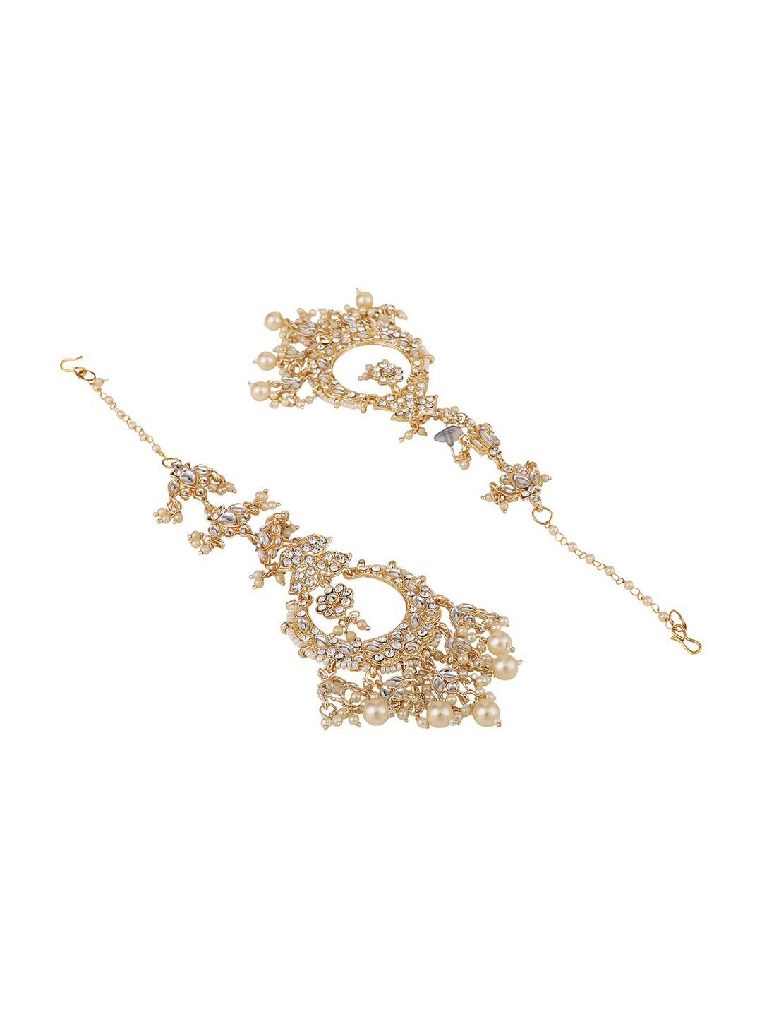 White Gold Kundan Traditional Beads Long Chandbali Girls earrings Moti Jhumkas big kundans stones jhumki set Chand bali Earrings Wedding Ethnic Antique Pearl jhumka - Libasaa