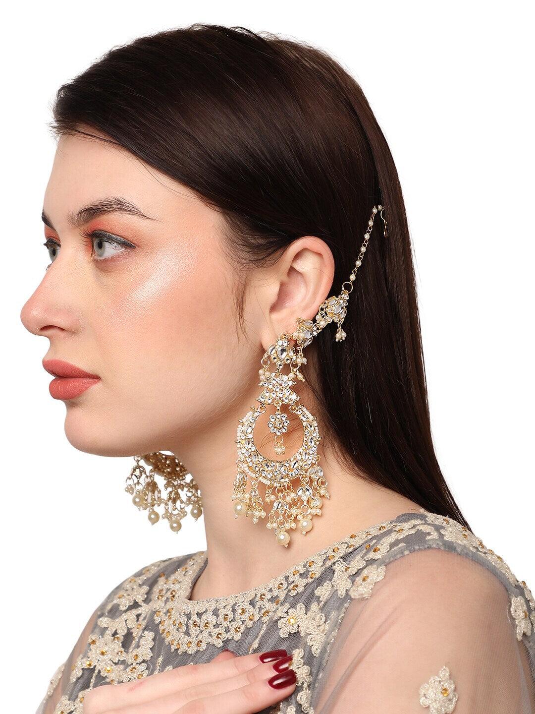 White Gold Kundan Traditional Beads Long Chandbali Girls earrings Moti Jhumkas big kundans stones jhumki set Chand bali Earrings Wedding Ethnic Antique Pearl jhumka - Libasaa
