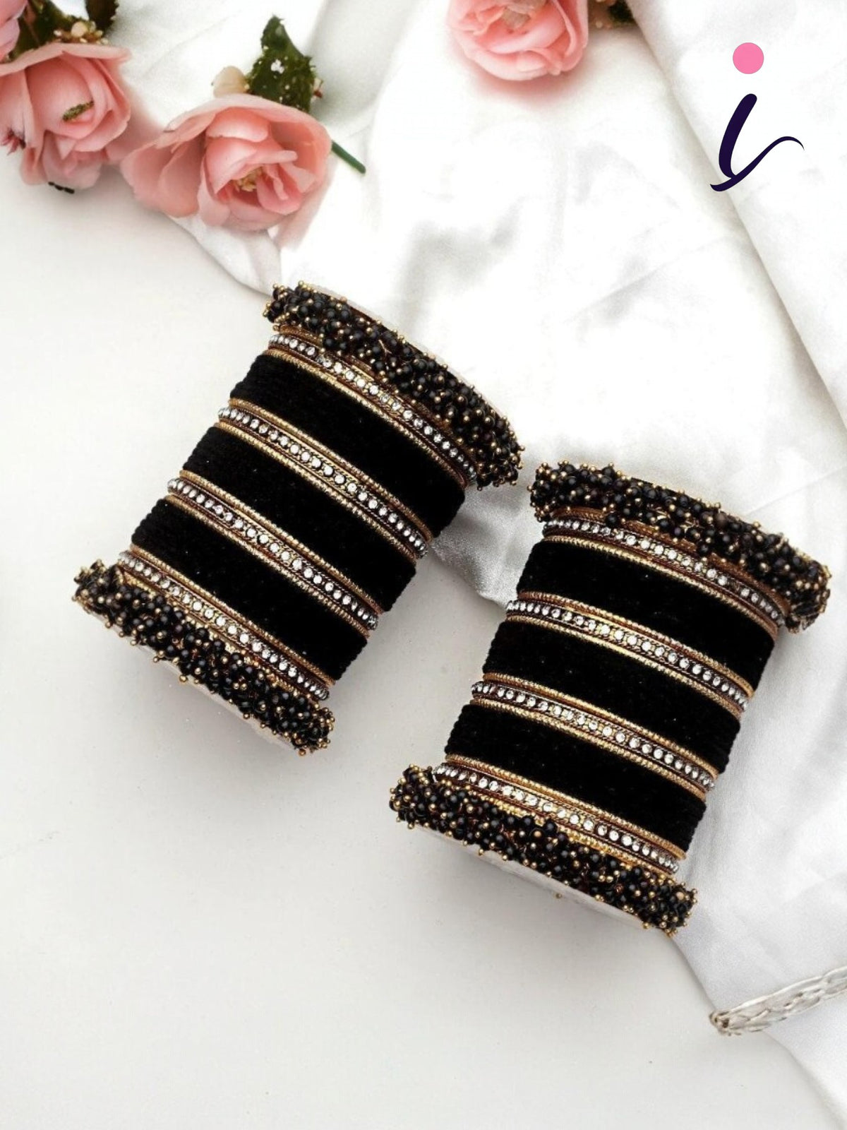 Traditional Velvet Chuda Indian Bangle Set with Pearl Kada for Both Hands, Bridal Wedding Bangles for Women