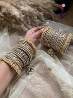 Indian Bangle Set, Golden Stone Pearl Asian Bangles with Jhumki, Traditional Bridal Wedding Jewelry for Women