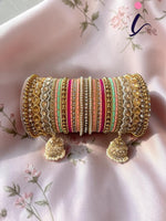 Multicolor Matte Bangles with Golden Work Tassel Bangle, Latkan Wedding Bangle Set