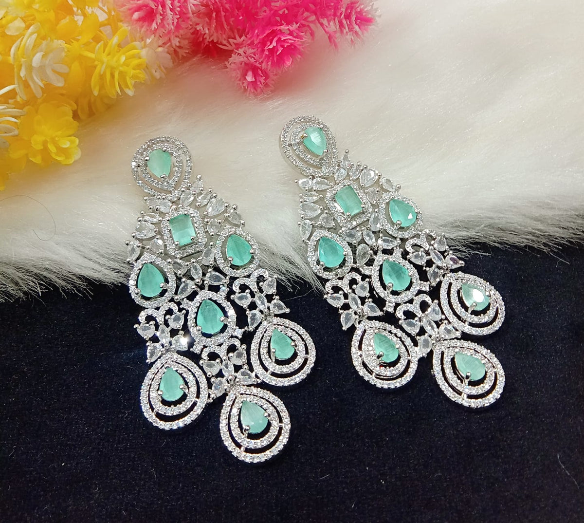 Indian Ethnic AD CZ Layered Silver Plated Earring Set For Wedding Indian Jewelry