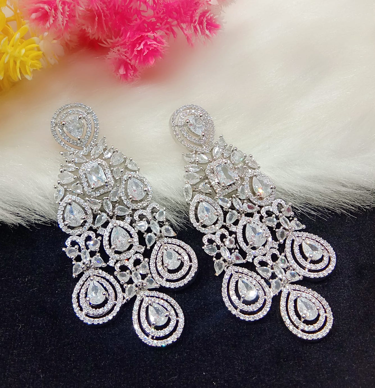 Indian Ethnic AD CZ Layered Silver Plated Earring Set For Wedding Indian Jewelry