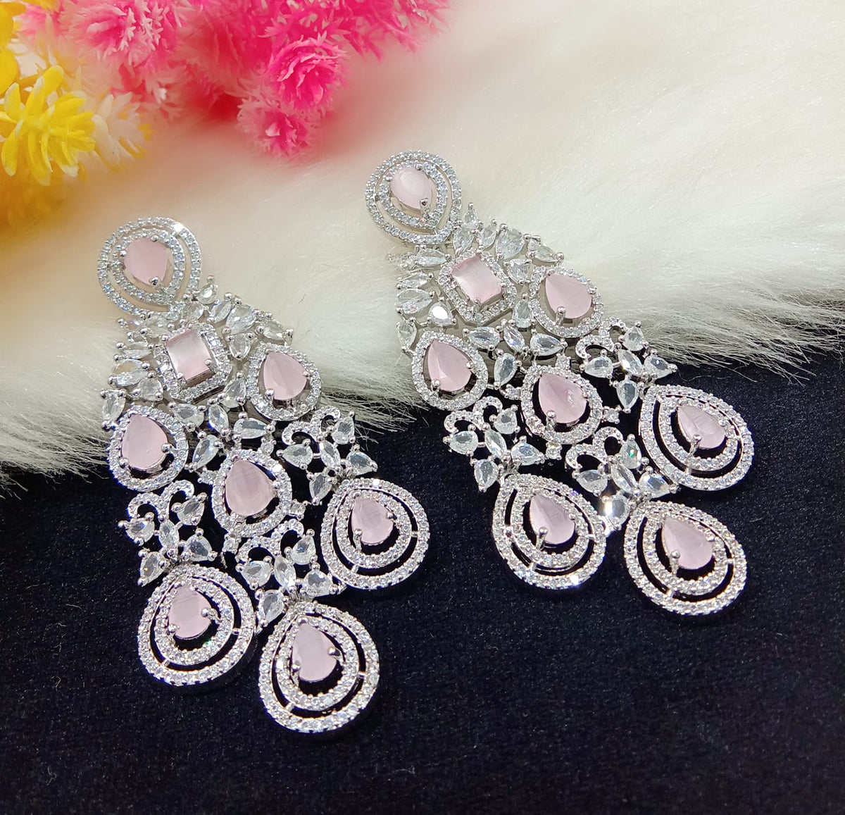 Indian Ethnic AD CZ Layered Silver Plated Earring Set For Wedding Indian Jewelry