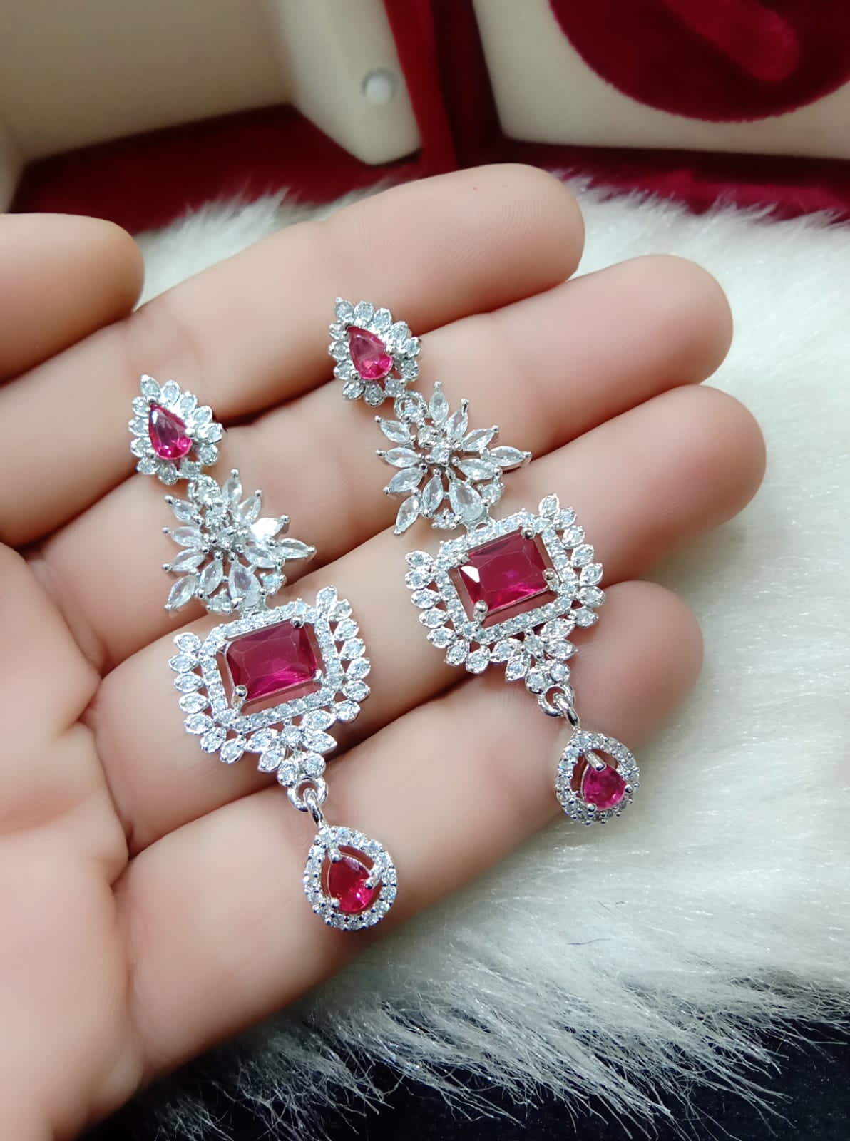 Silver Plated Floral Design CZ Indian Earring Set For Wedding
