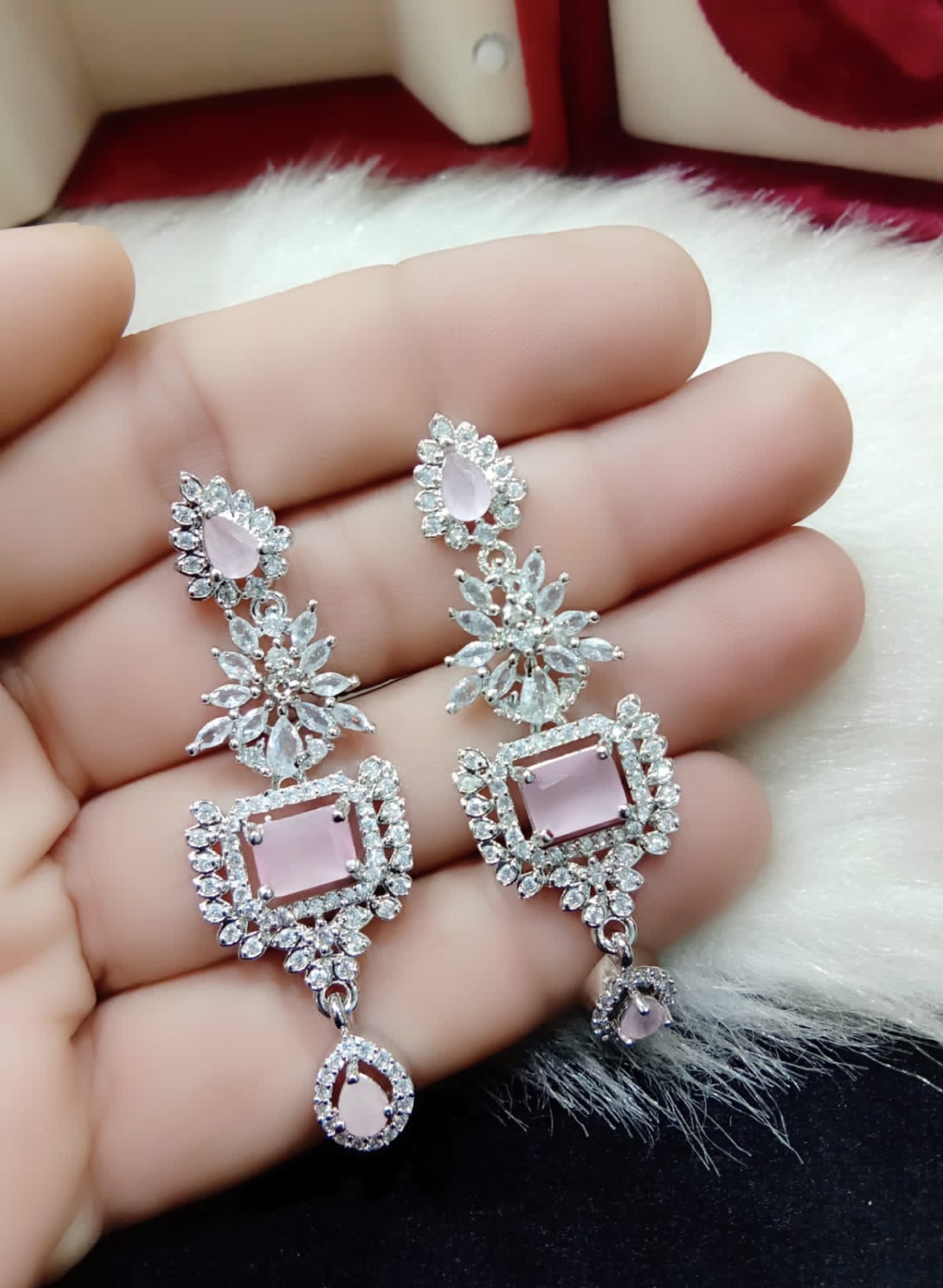 Silver Plated Floral Design CZ Indian Earring Set For Wedding