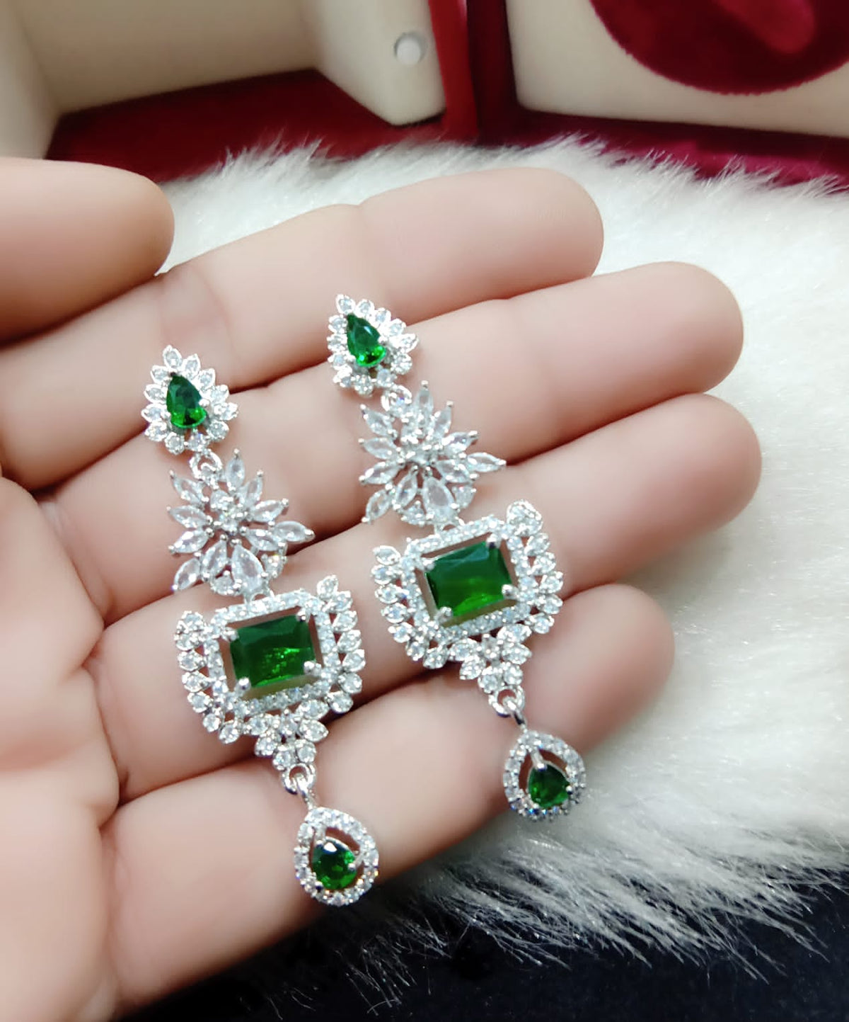 Silver Plated Floral Design CZ Indian Earring Set For Wedding