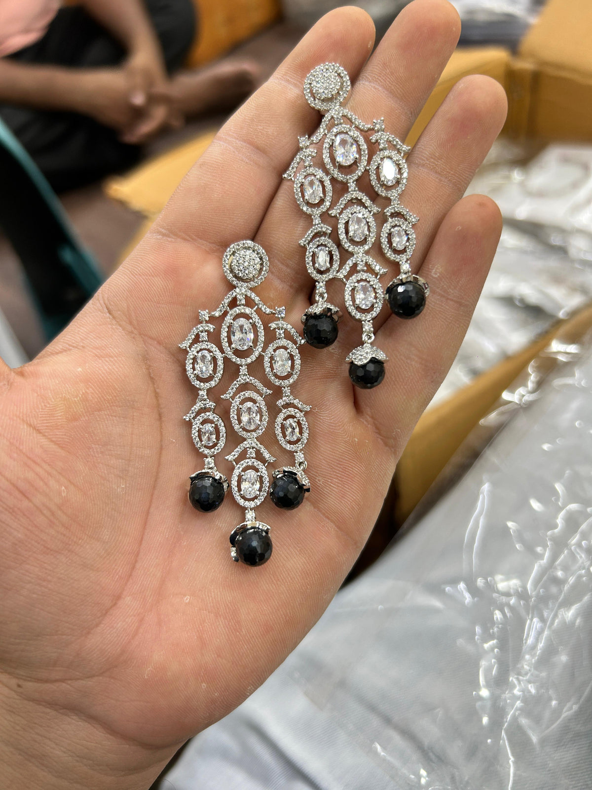 Indian Multi Layered AD CZ Silver Plated Bridal Earring Set