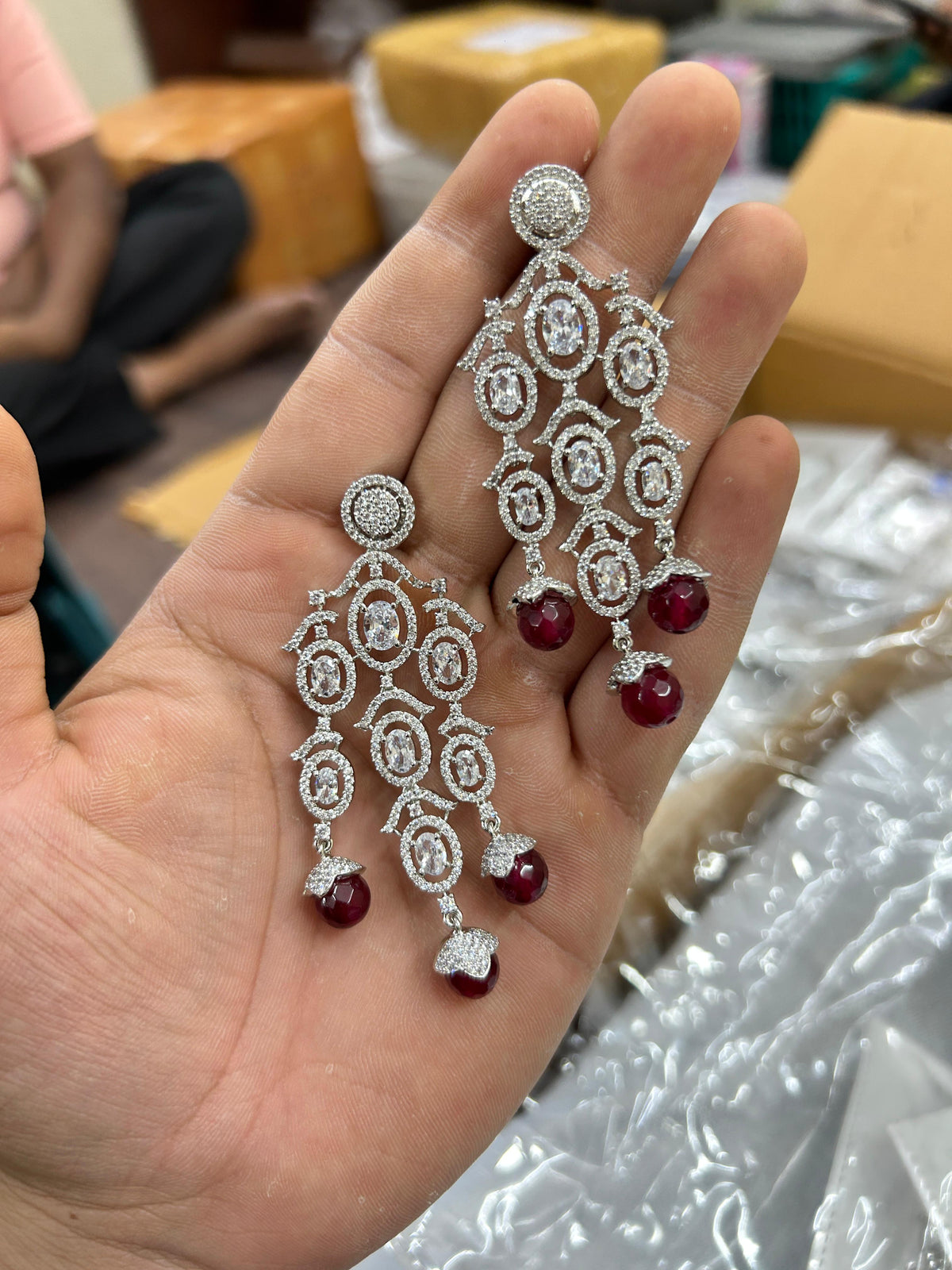 Indian Multi Layered AD CZ Silver Plated Bridal Earring Set