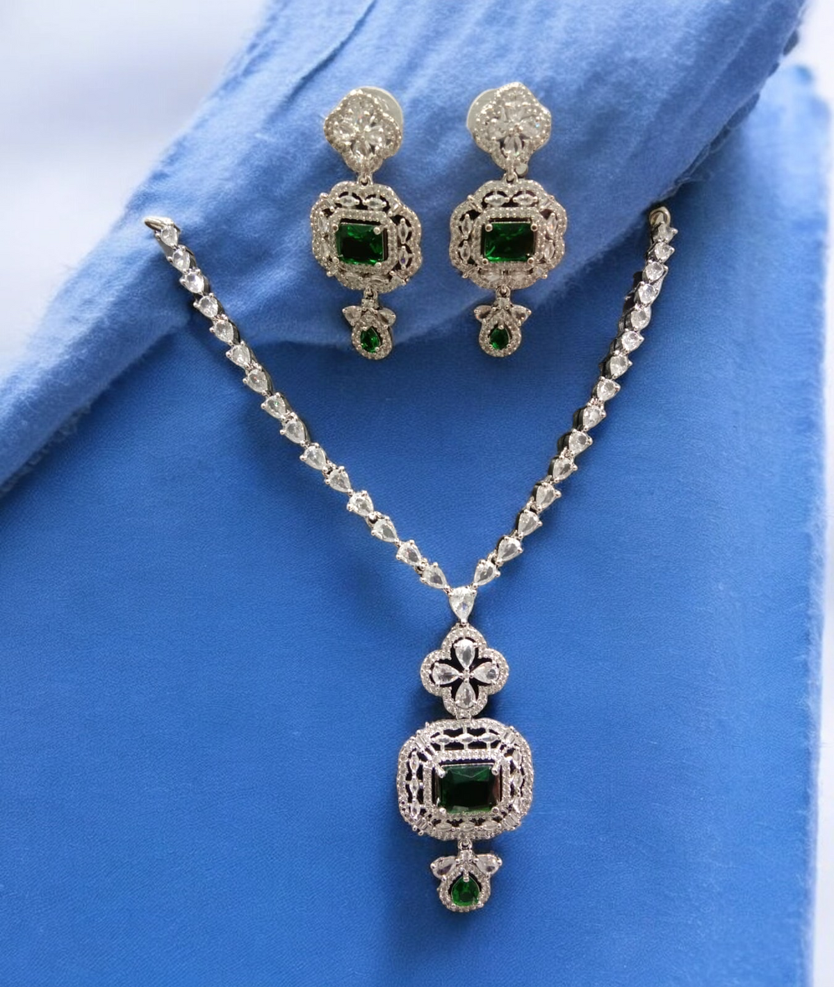 Indian Wedding Rectangular Cubic Zirconia Work Bridal Necklace Set