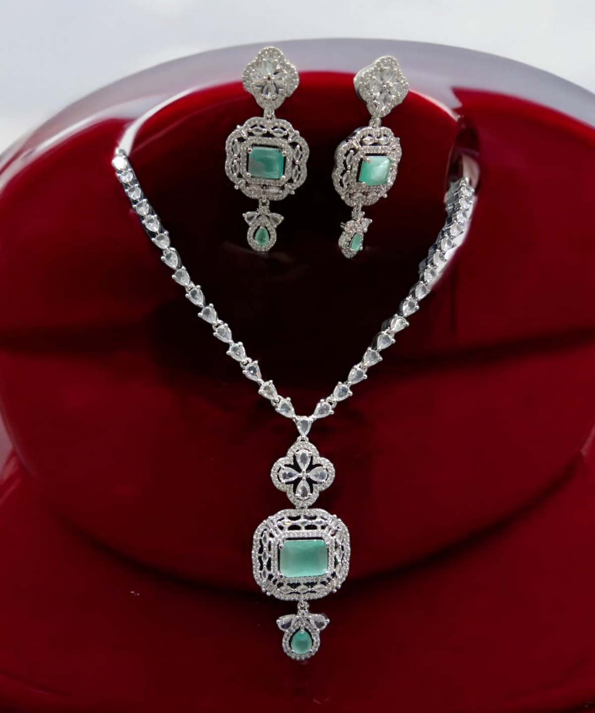 Indian Wedding Rectangular Cubic Zirconia Work Bridal Necklace Set