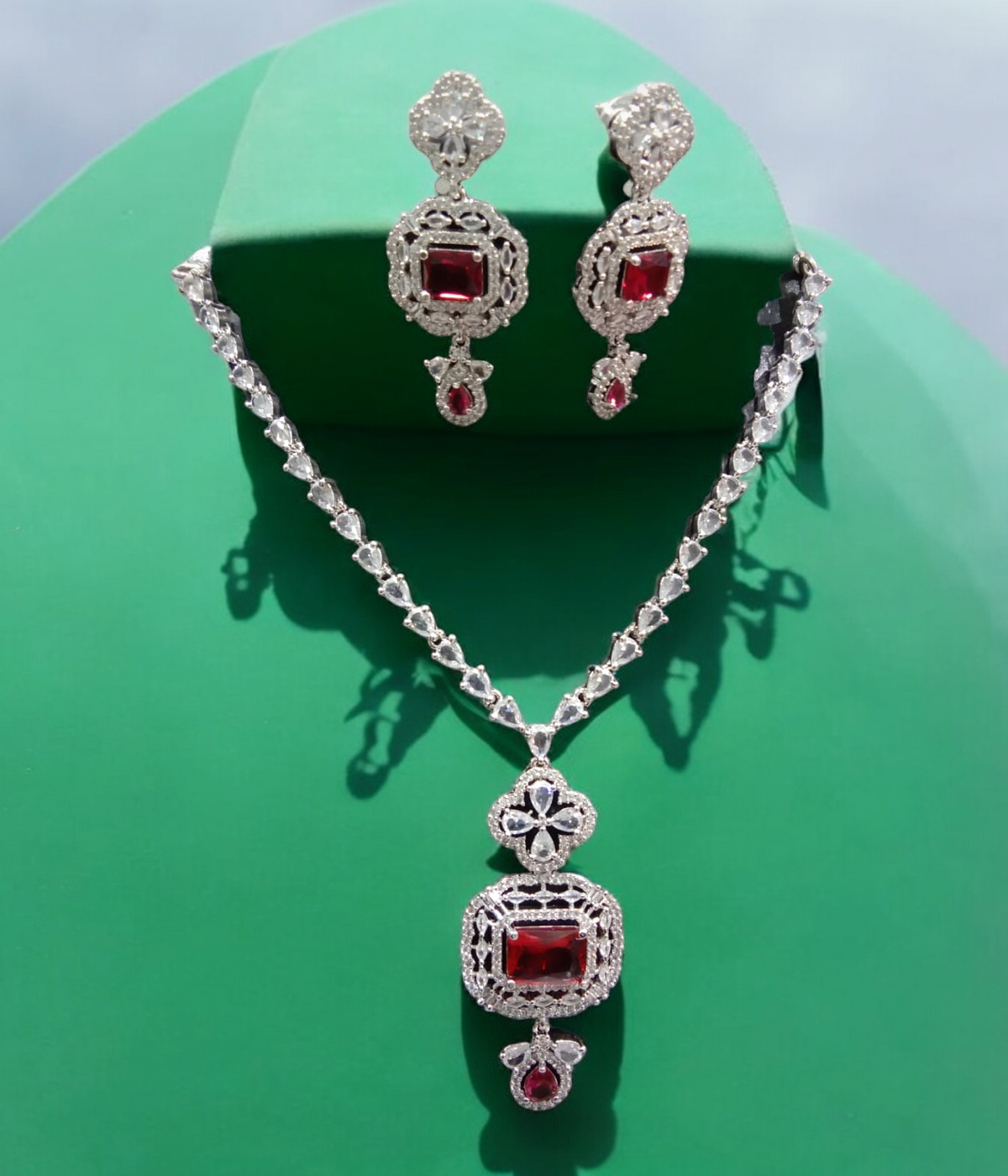 Indian Wedding Rectangular Cubic Zirconia Work Bridal Necklace Set