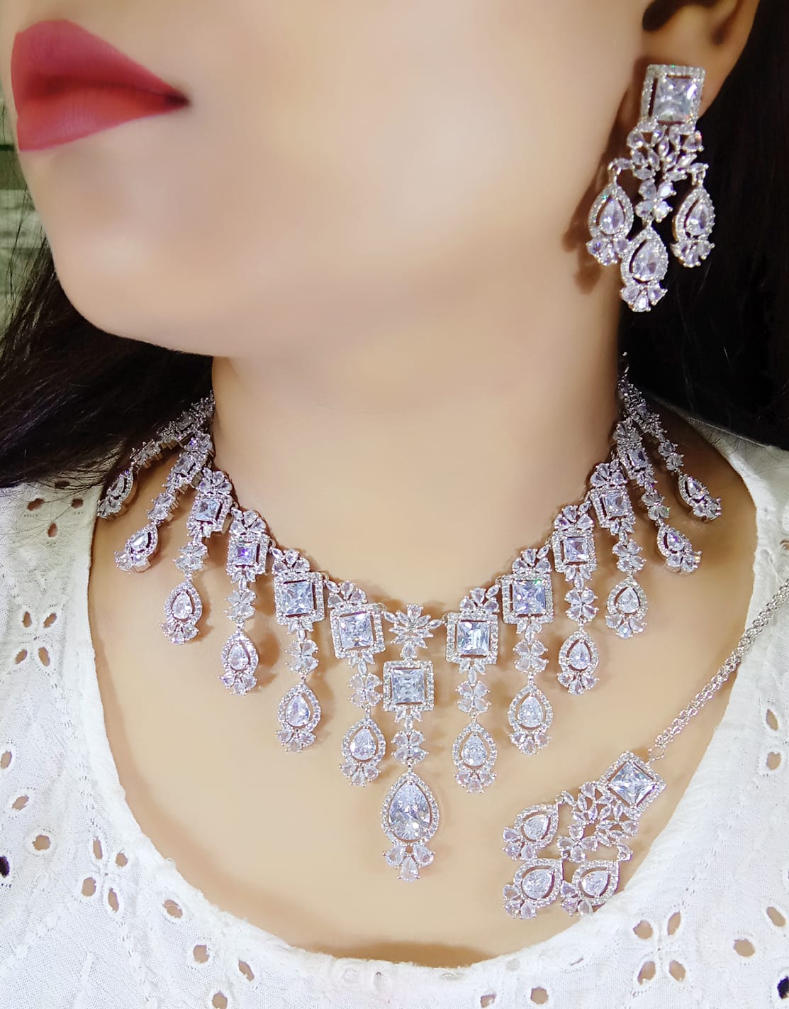 Silver Toned Bridal AD Choker For Wedding - Kundan Choker Set Indian Jewelry