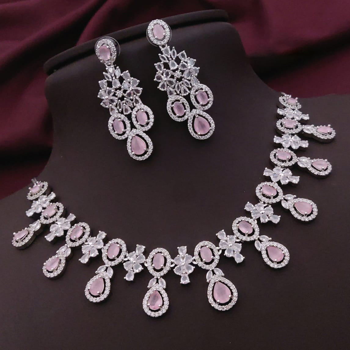 Wedding American Diamond Silver Toned Choker Earrings Set - AD Kundan Choker Indian Jewelry