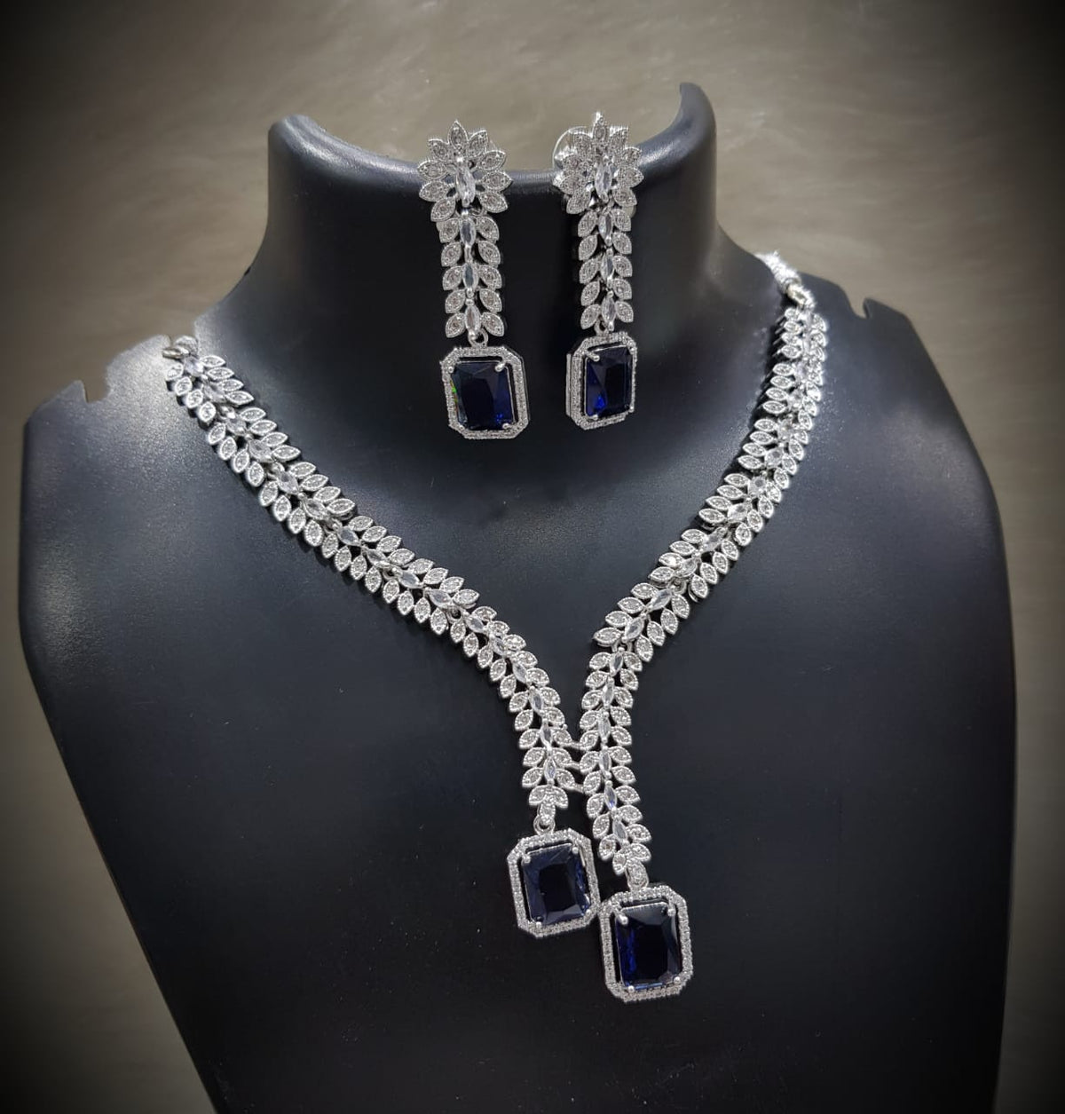 Flower Design Silver Finish CZ Choker Earrings Set - AD Kundan Choker Indian Jewelry