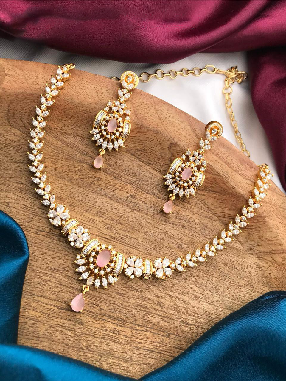 Indian Gold Plated Floral CZ Choker Earrings Set - AD Choker Indian Jewelry