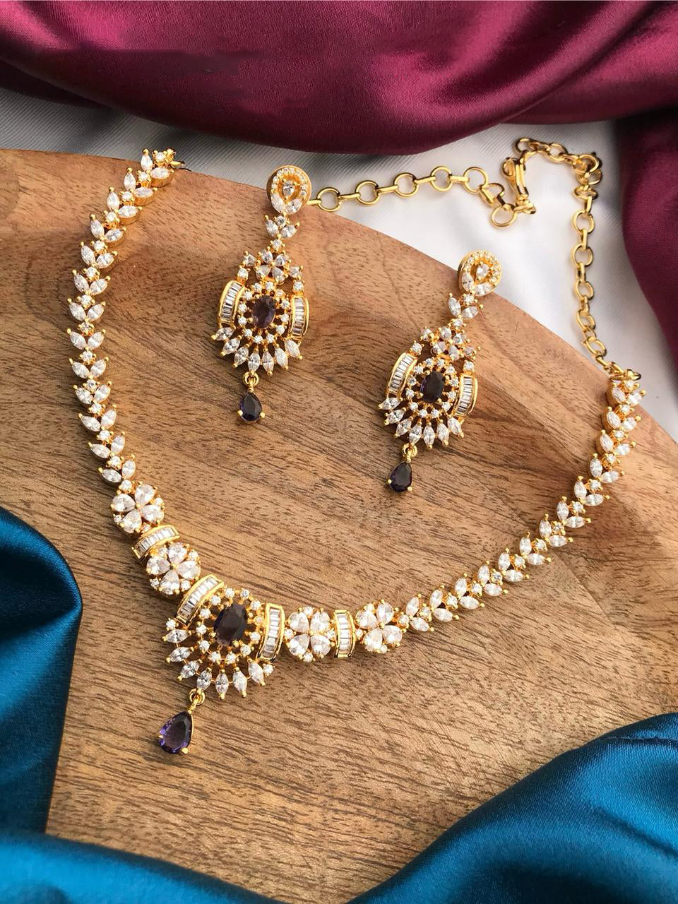 Indian Gold Plated Floral CZ Choker Earrings Set - AD Choker Indian Jewelry