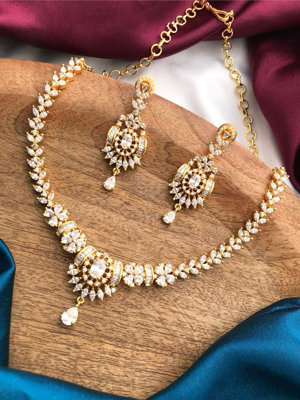 Indian Gold Plated Floral CZ Choker Earrings Set - AD Choker Indian Jewelry