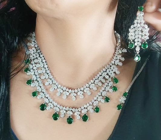 Double Layered American Diamond CZ Silver Finish Choker Eearings Set For Wedding - AD Layered Indian Jewelry